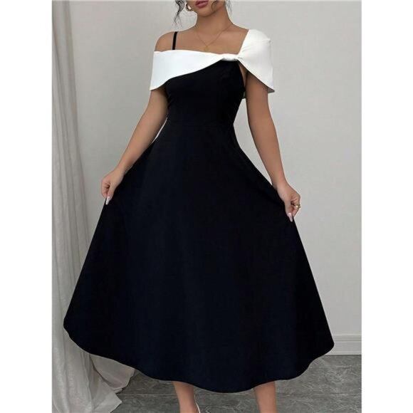 Asymmetrical Neck Contrast Midi Dress - Picture 1 of 6